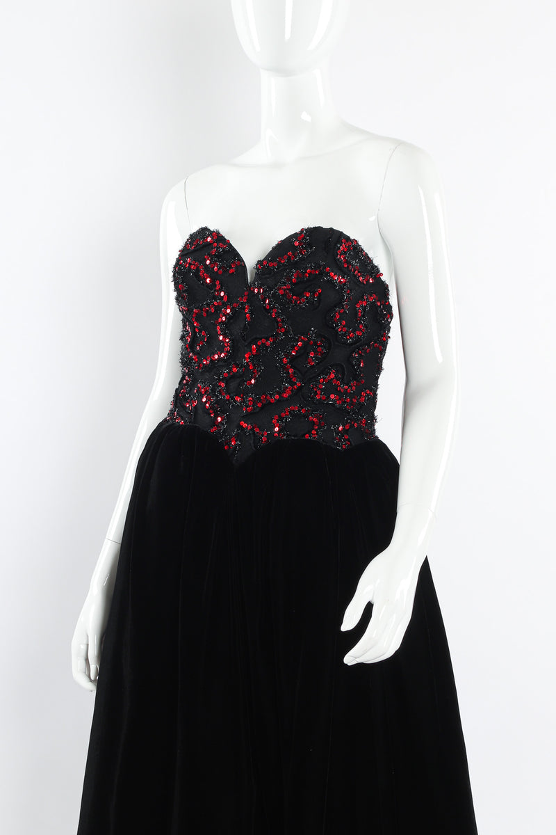 Vintage Yves Saint Laurent Sweetheart Sequin Lace Velvet Gown mannequin angle close @ Recess LA