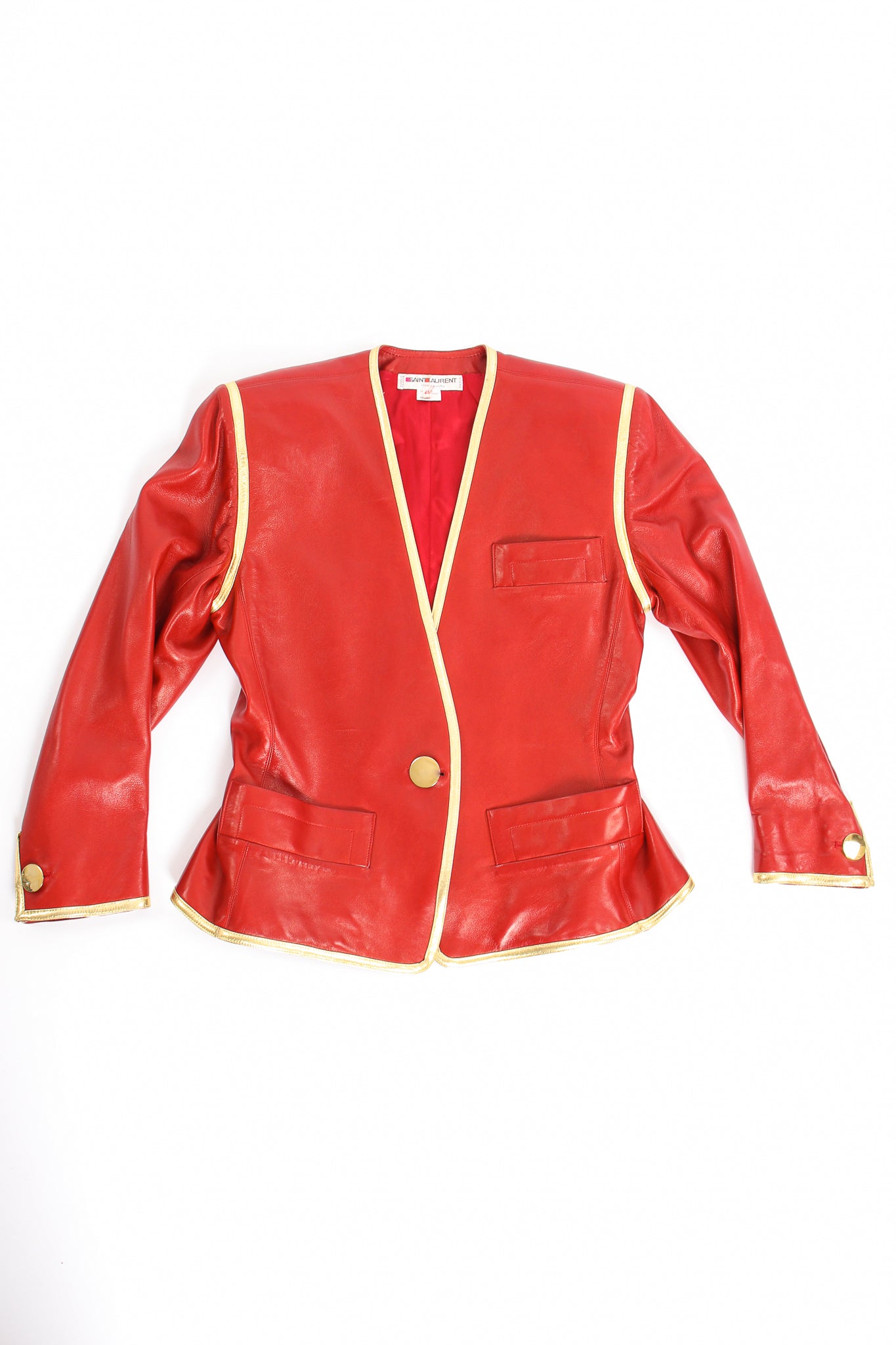 Vintage YSL Yves Saint Laurent 1988 Red Leather Skirt Suit Jacket flat at Recess Los Angeles