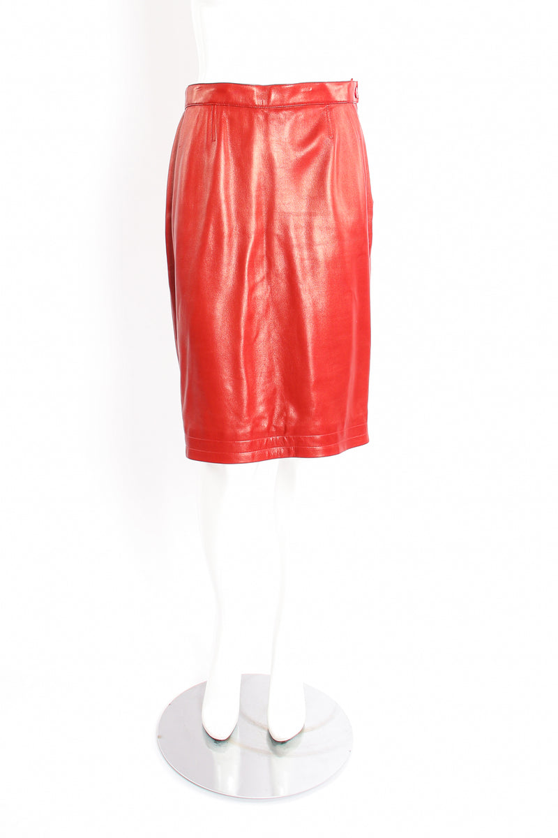Vintage YSL Yves Saint Laurent 1988 Red Leather Skirt Suit on Mannequin Skirt front at Recess LA