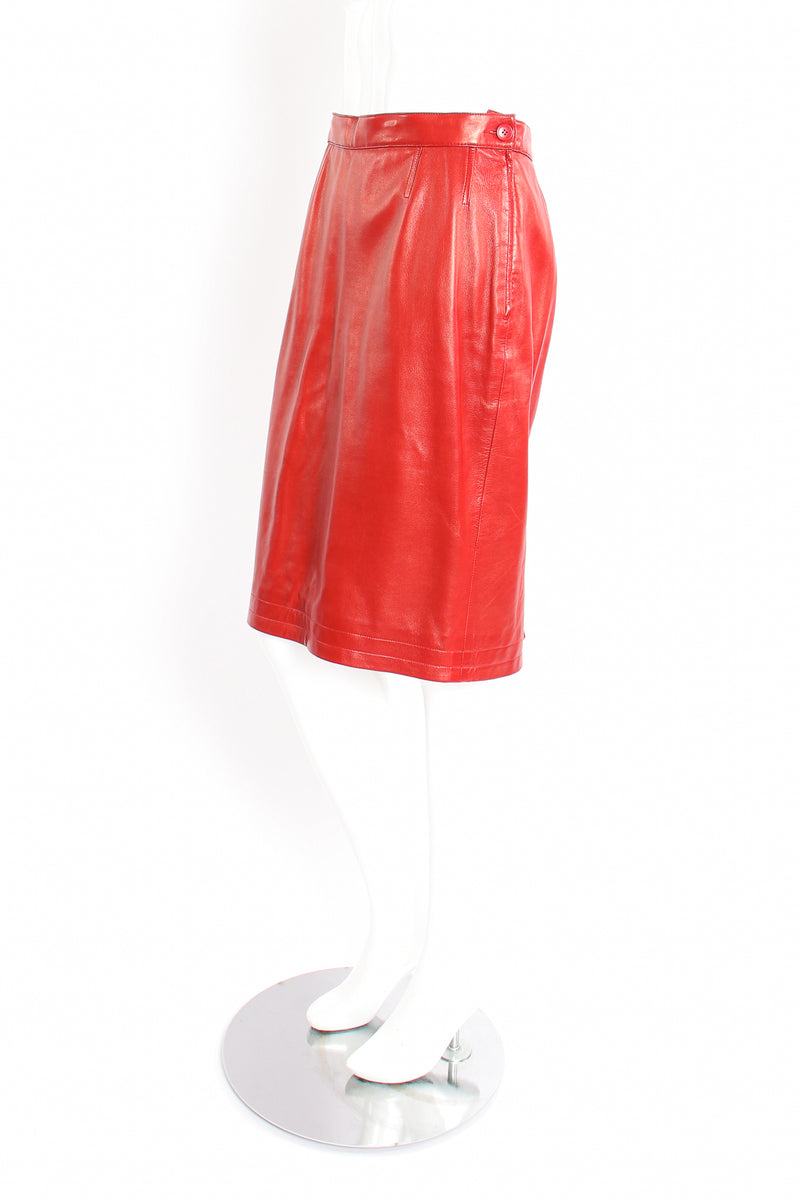 Vintage YSL Yves Saint Laurent 1988 Red Leather Skirt Suit on Mannequin Skirt side at Recess LA