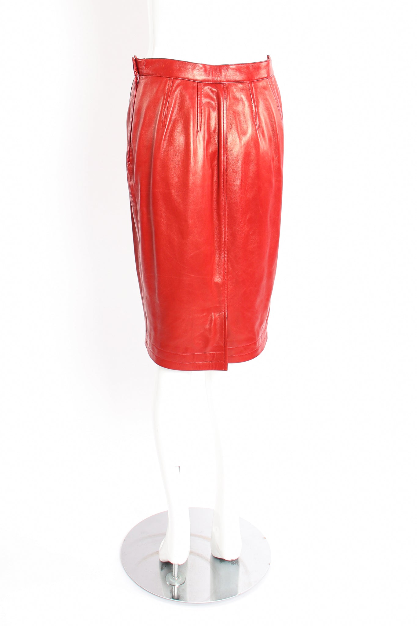 Vintage YSL Yves Saint Laurent 1988 Red Leather Skirt Suit on Mannequin Skirt back at Recess LA