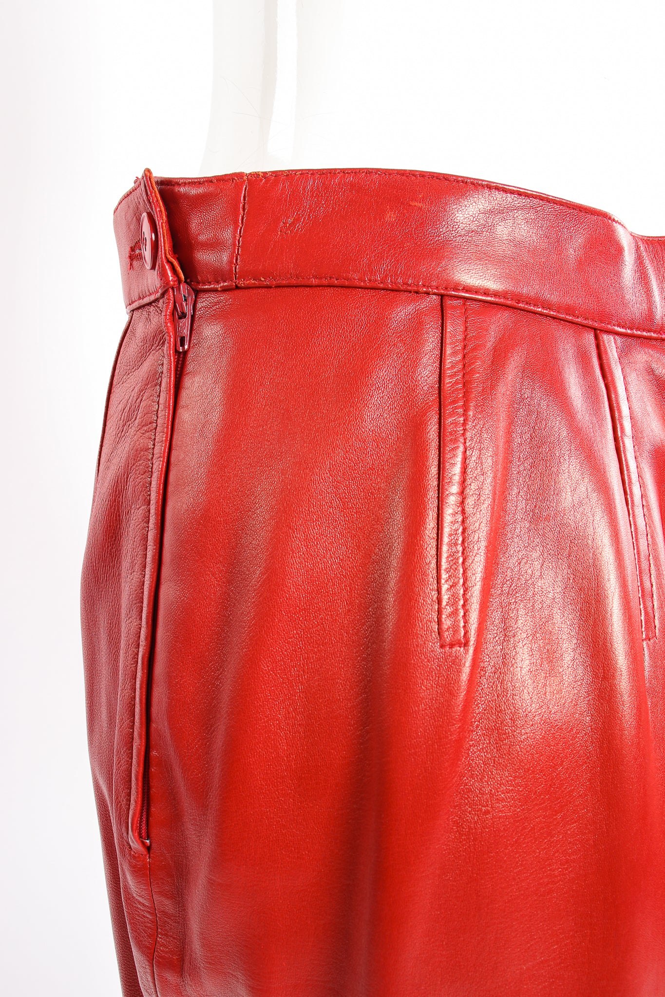Vintage YSL Yves Saint Laurent 1988 Red Leather Skirt Suit on Mannequin Skirt zip at Recess LA