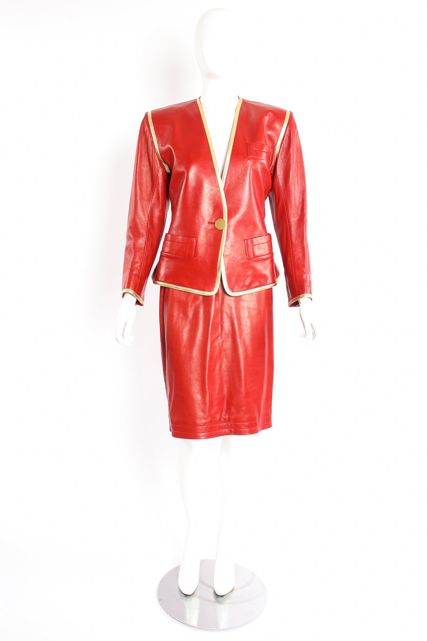 Vintage YSL Yves Saint Laurent 1988 Red Leather Skirt Suit on Mannequin front at Recess LA