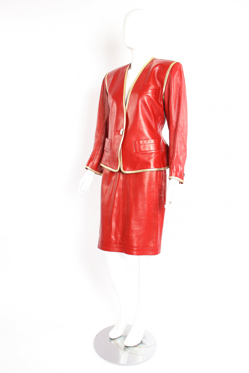 Vintage YSL Yves Saint Laurent 1988 Red Leather Skirt Suit on Mannequin side at Recess LA