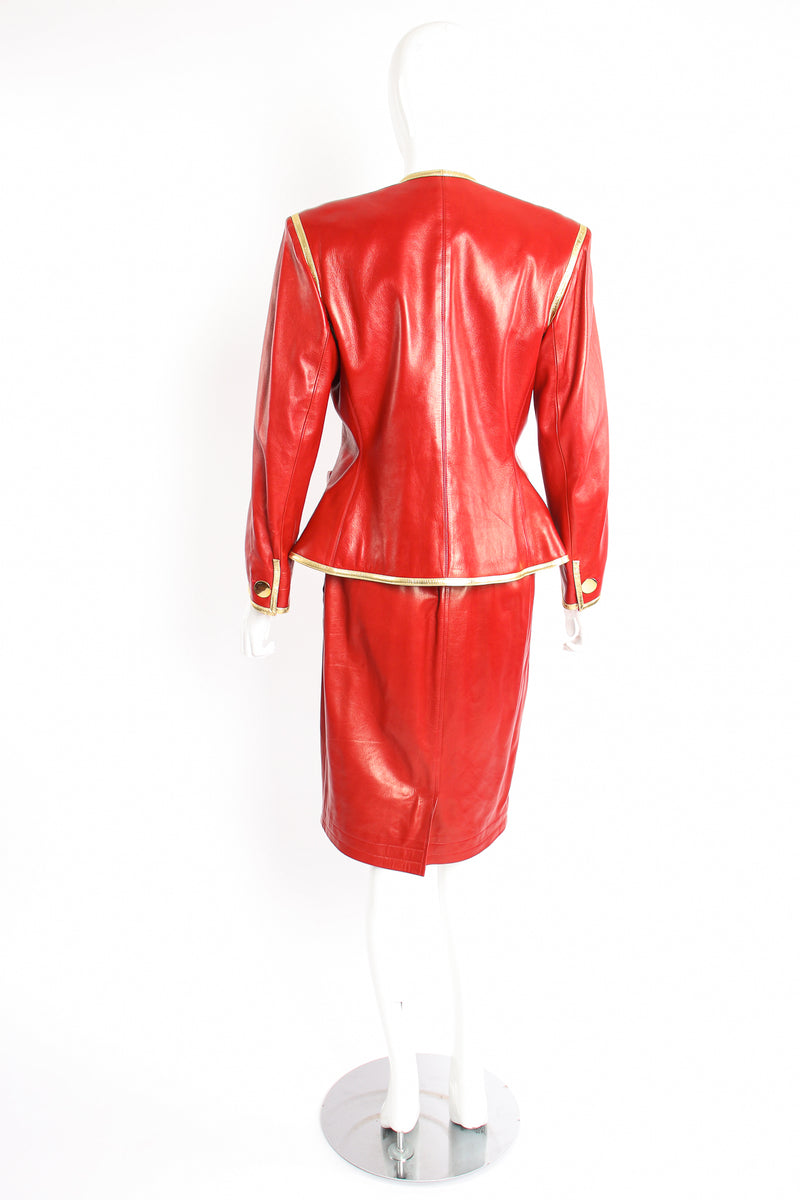 Vintage YSL Yves Saint Laurent 1988 Red Leather Skirt Suit on Mannequin back at Recess LA