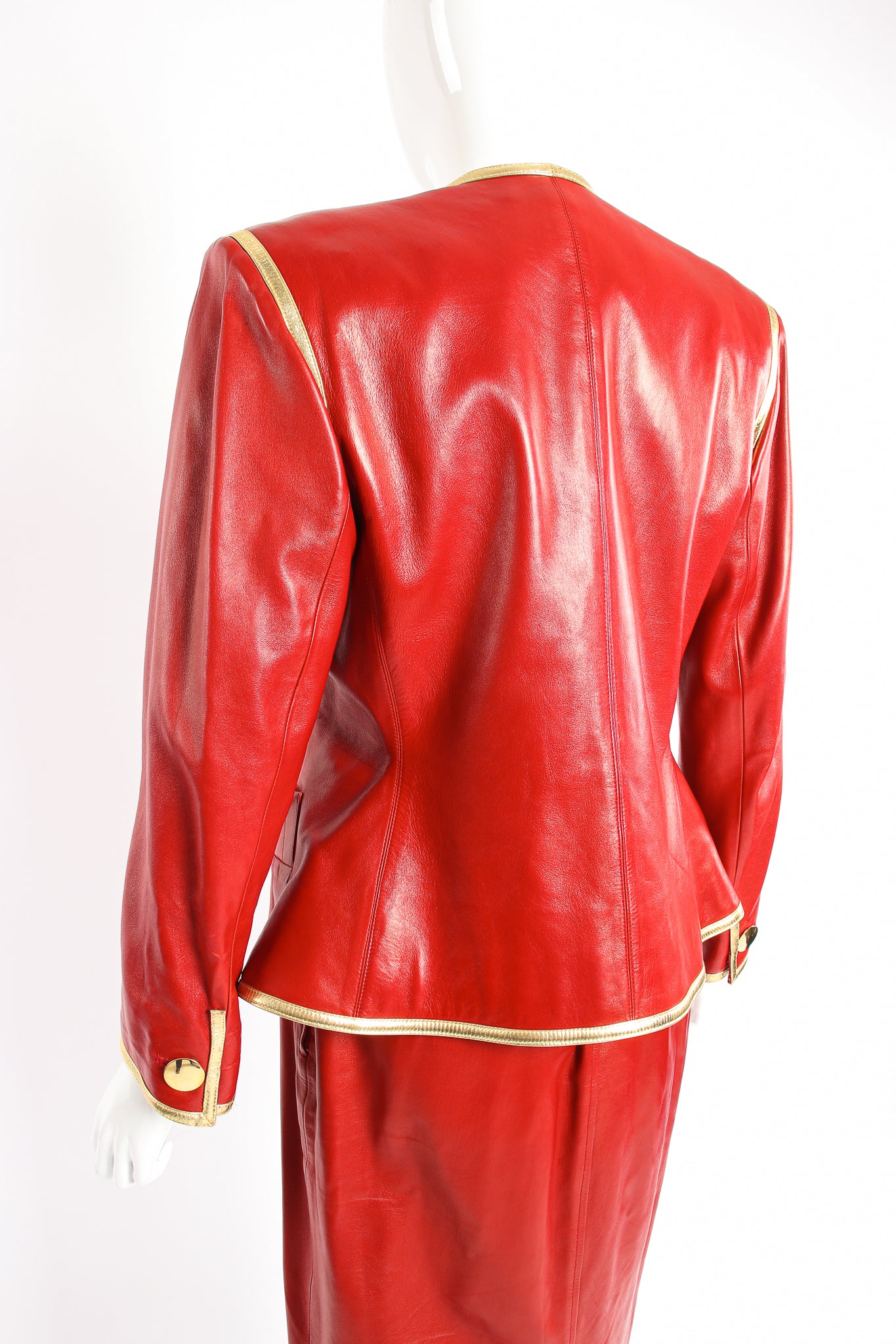 Vintage YSL Yves Saint Laurent 1988 Red Leather Skirt Suit on Mannequin back crop at Recess LA