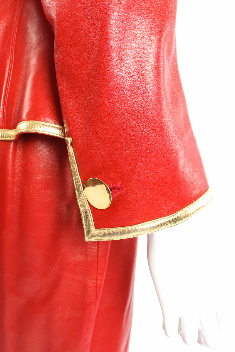 Vintage YSL Yves Saint Laurent 1988 Red Leather Skirt Suit on Mannequin sleeve cuff at Recess LA