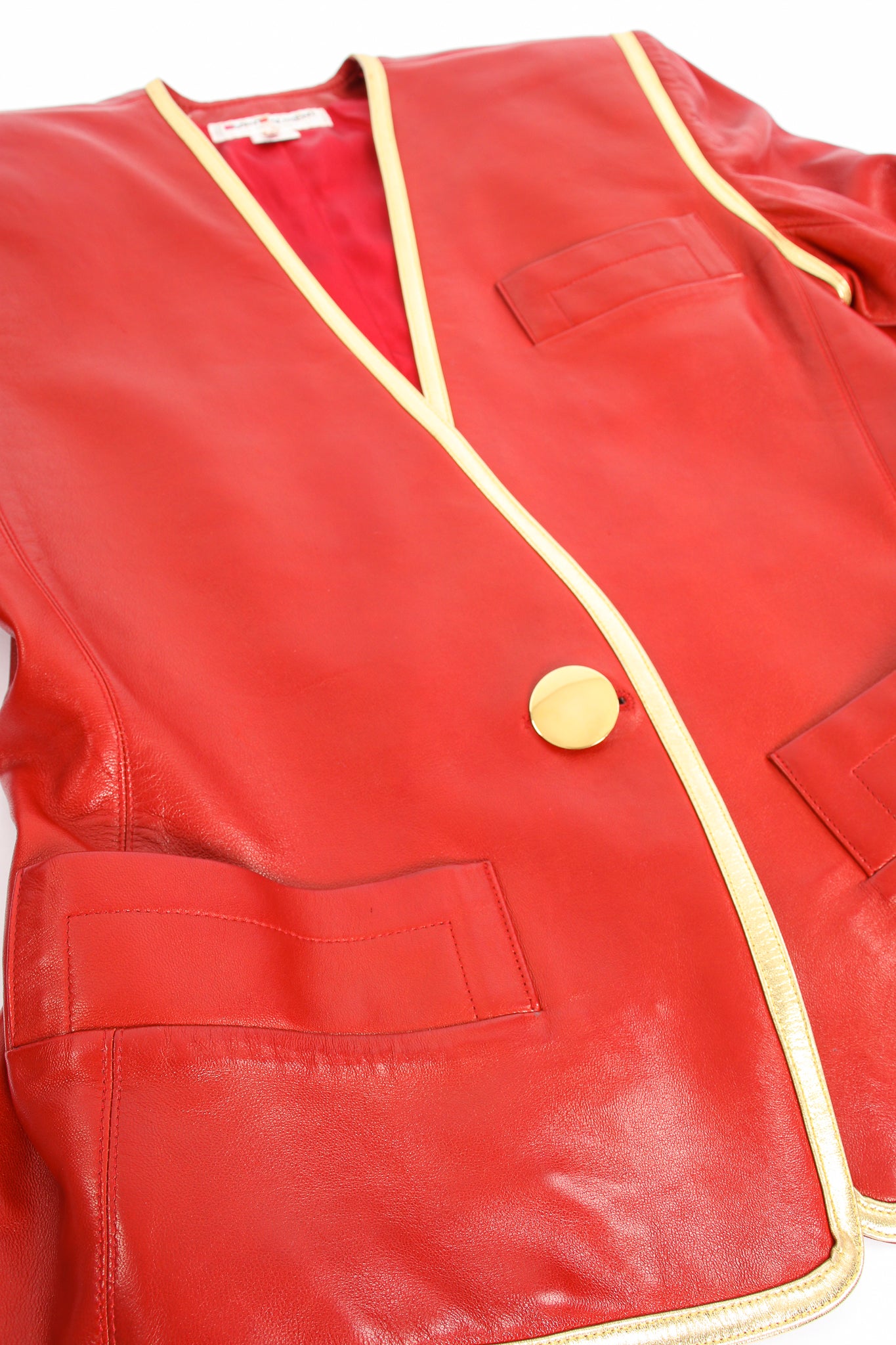 Vintage YSL Yves Saint Laurent 1988 Red Leather Skirt Suit Jacket button flat at Recess Los Angeles