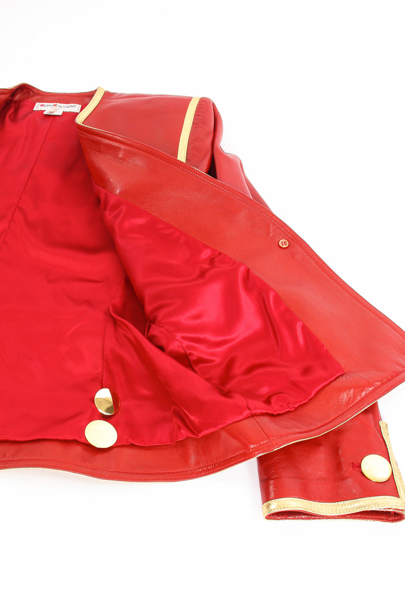 Vintage YSL Yves Saint Laurent 1988 Red Leather Skirt Suit Jacket extra buttons at Recess LA
