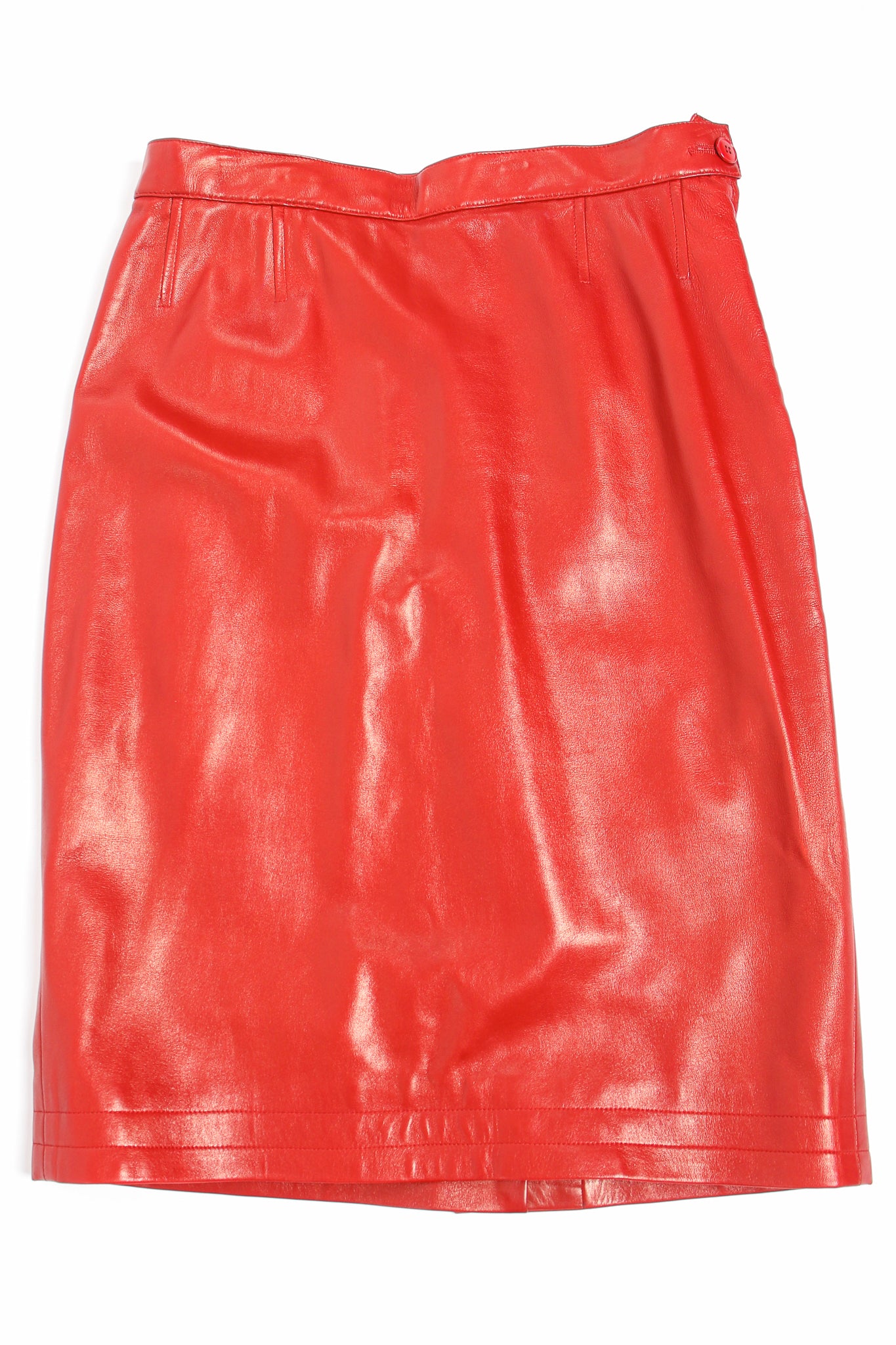 Vintage YSL Yves Saint Laurent 1988 Red Leather Skirt Suit skirt flat at Recess LA