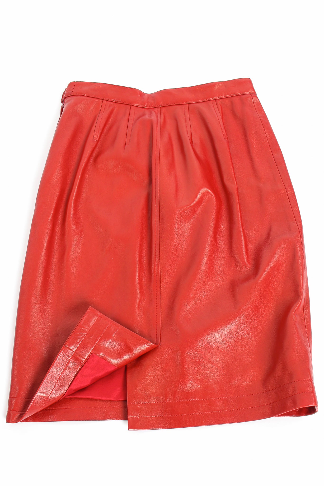 Vintage YSL Yves Saint Laurent 1988 Red Leather Skirt Suit skirt vent at Recess LA