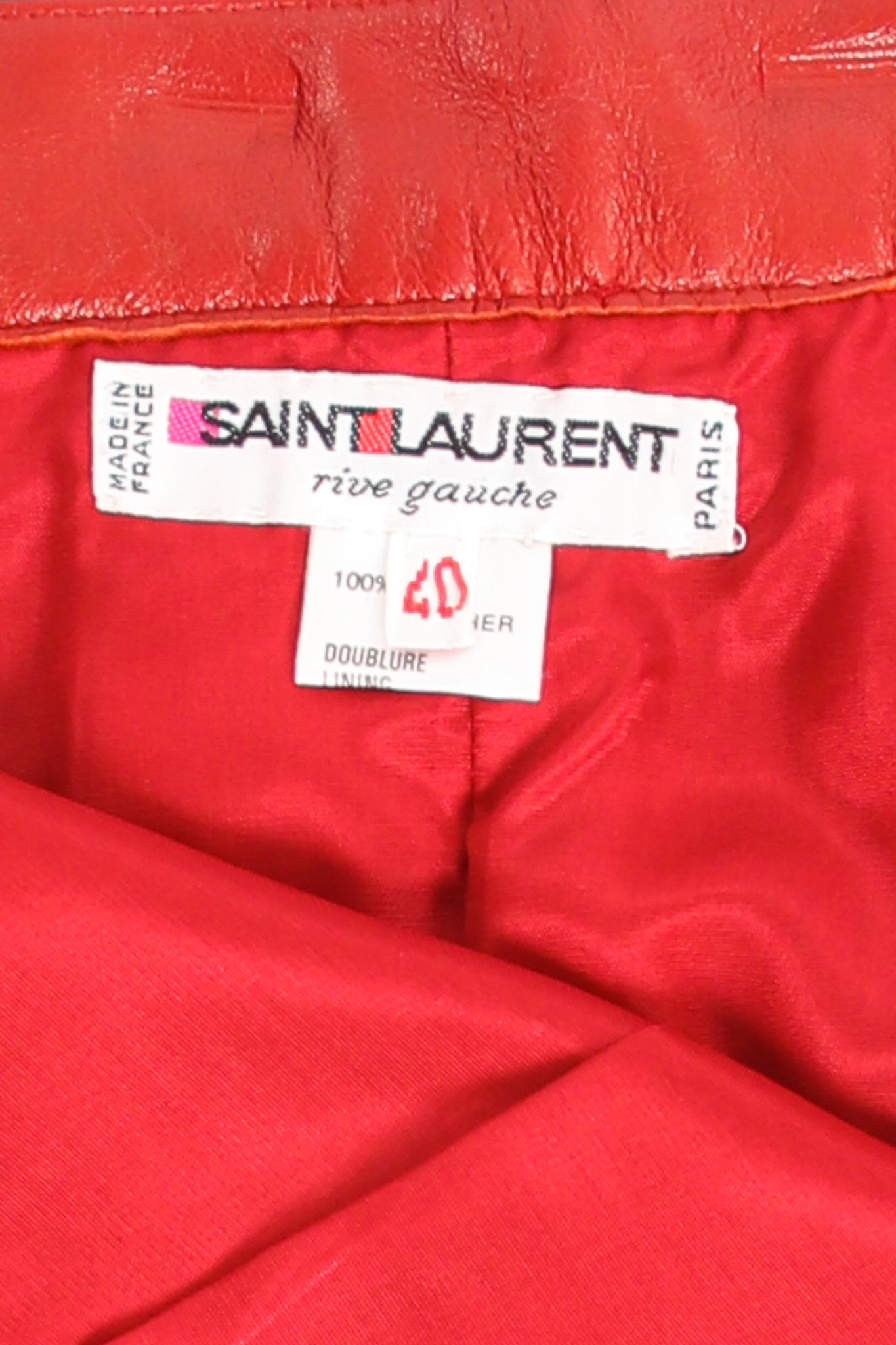 Vintage YSL Yves Saint Laurent 1988 Red Leather Skirt Suit skirt label at Recess LA