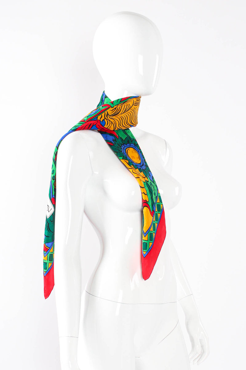 Vintage Saint Laurent YSL Abstract Illustration Print Scarf on mannequin side at Recess Los Angeles