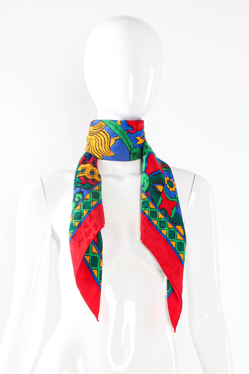 Vintage Saint Laurent YSL Abstract Illustration Print Scarf on mannequin at Recess Los Angeles