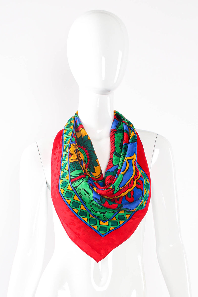 Vintage Yves Saint Laurent YSL Abstract Illustration Print Scarf on mannequin at Recess Los Angeles
