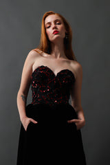 Vintage Yves Saint Laurent Sweetheart Sequin Lace Velvet Gown on model Emily @ Recess LA