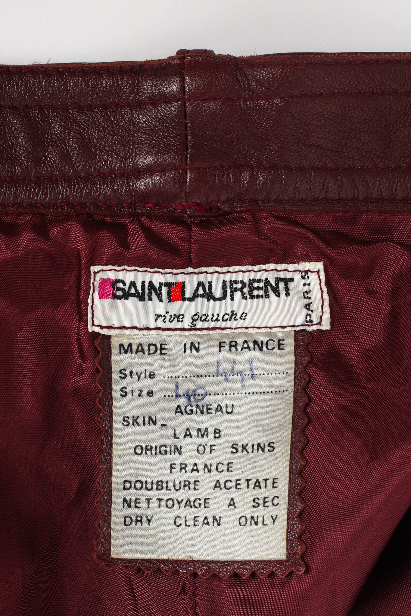 Vintage Saint Laurent Oxblood Lambskin Leather Pant tag @ Recess LA