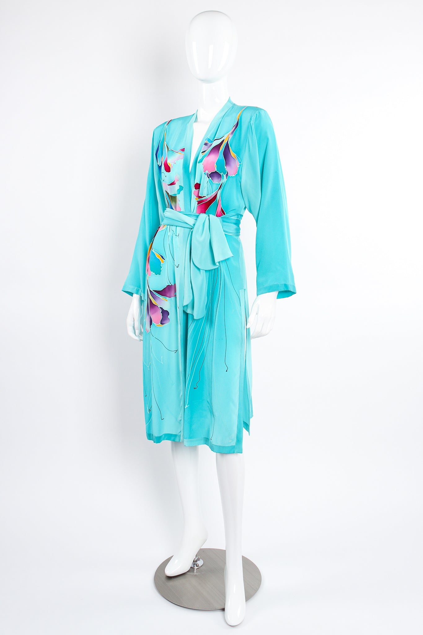 Vintage Yolanda Lorente Floral Hand Painted Silk Kimono Robe Duster on Mannequin front @ Recess LA