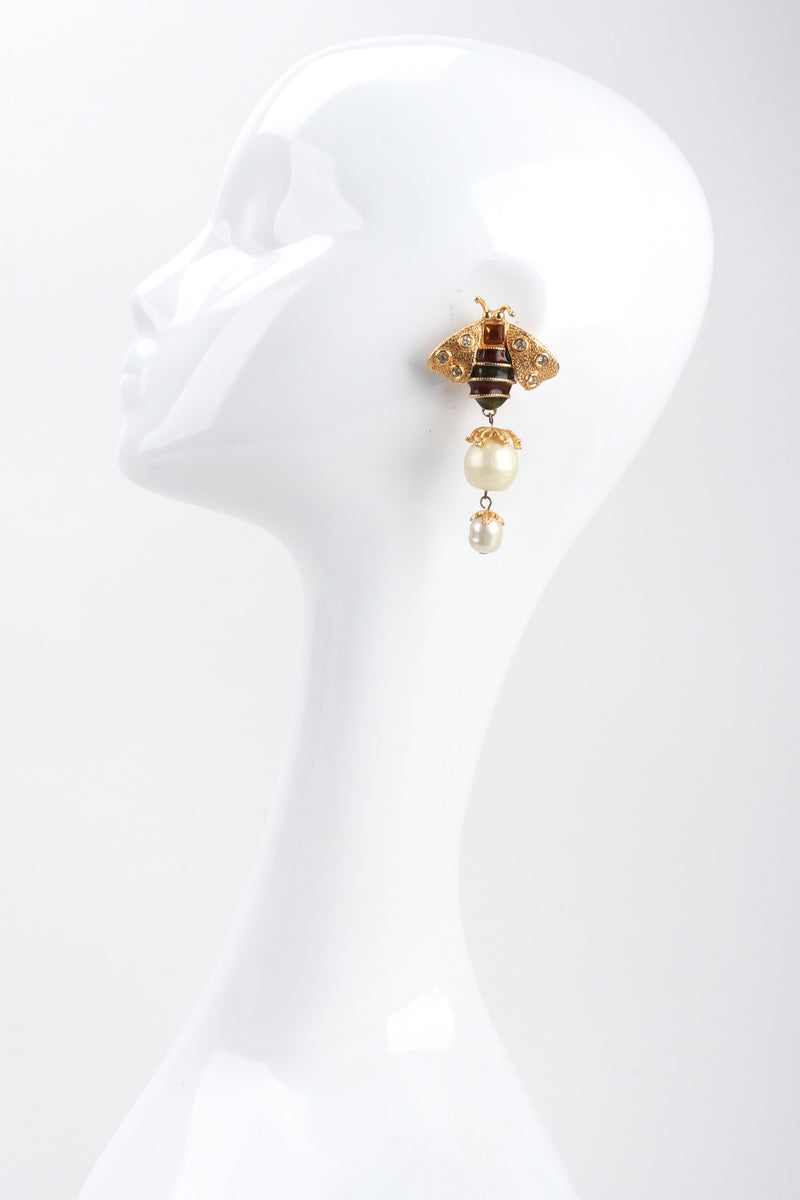 Recess Los Angeles Vintage Yosca Bee Pearl Drop Earrings Yellow Enameled Body Dotted Rhinestone Wings 