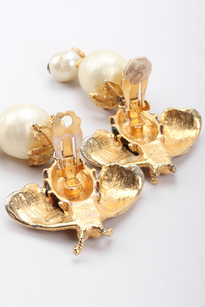 Recess Los Angeles Vintage Yosca Bee Pearl Drop Earrings Yellow Enameled Body Dotted Rhinestone Wings 