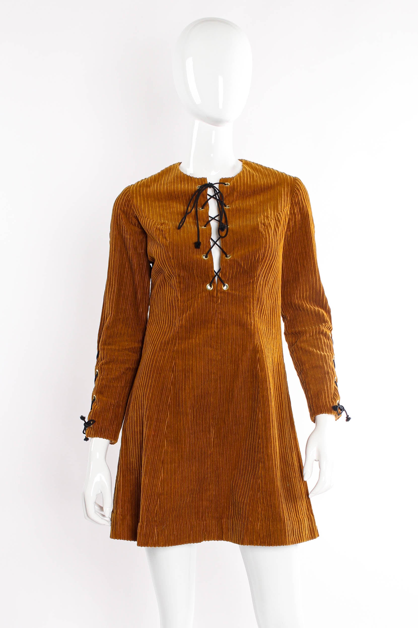 Vintage Young Edwardian Lace-Up Corduroy Dress on mannequin front at Recess Los Angeles