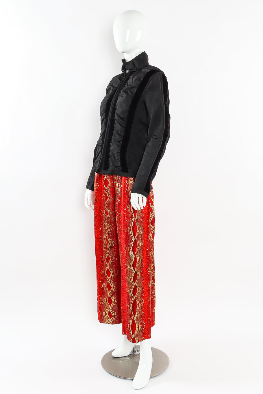 Vintage Yves Saint Laurent Metallic Snake Print Silk Pant mannequin fully dressed front angle @ Recess LA