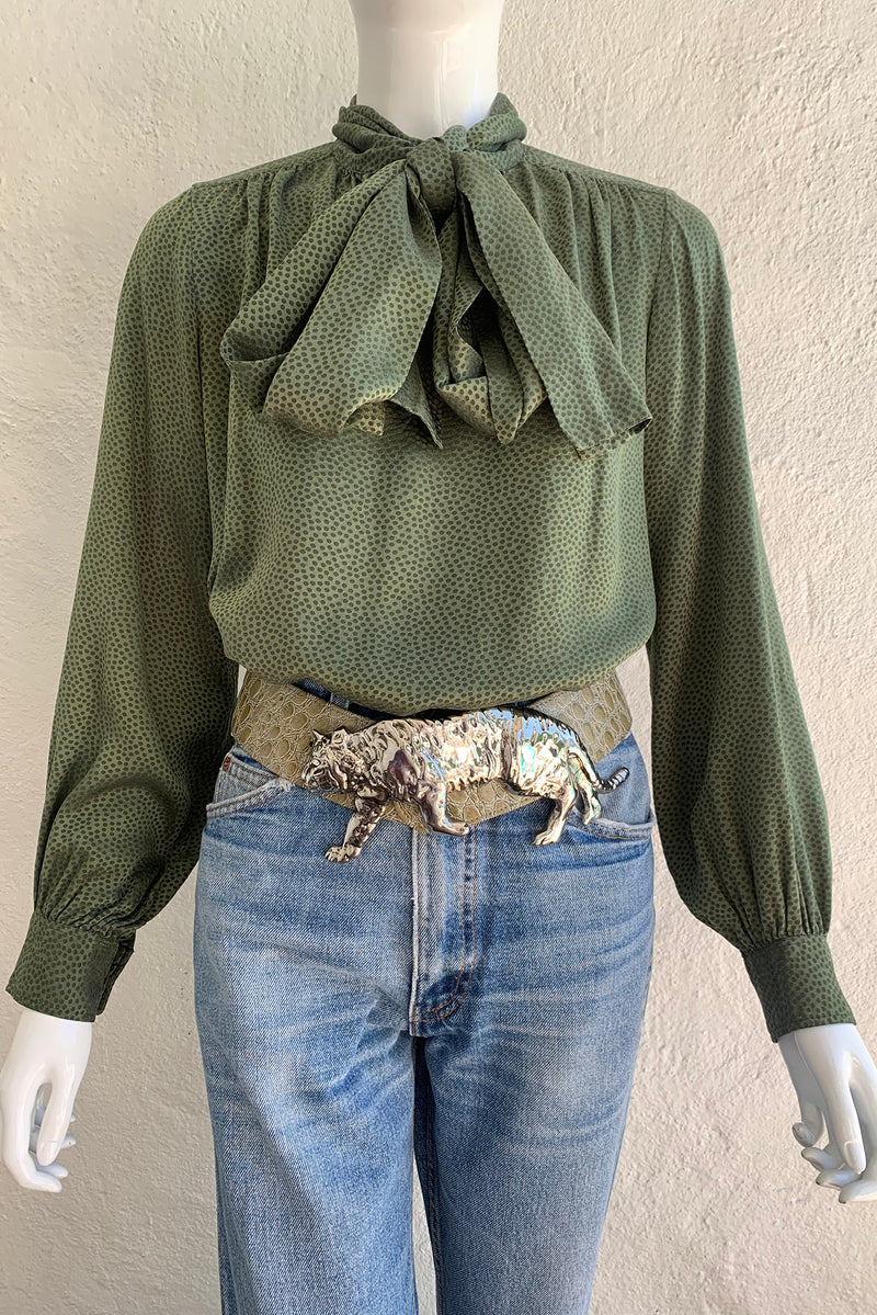 Vintage Yves Saint Laurent YSL Dotted Silk Bow Blouse styled on Mannequin front crop at Recess