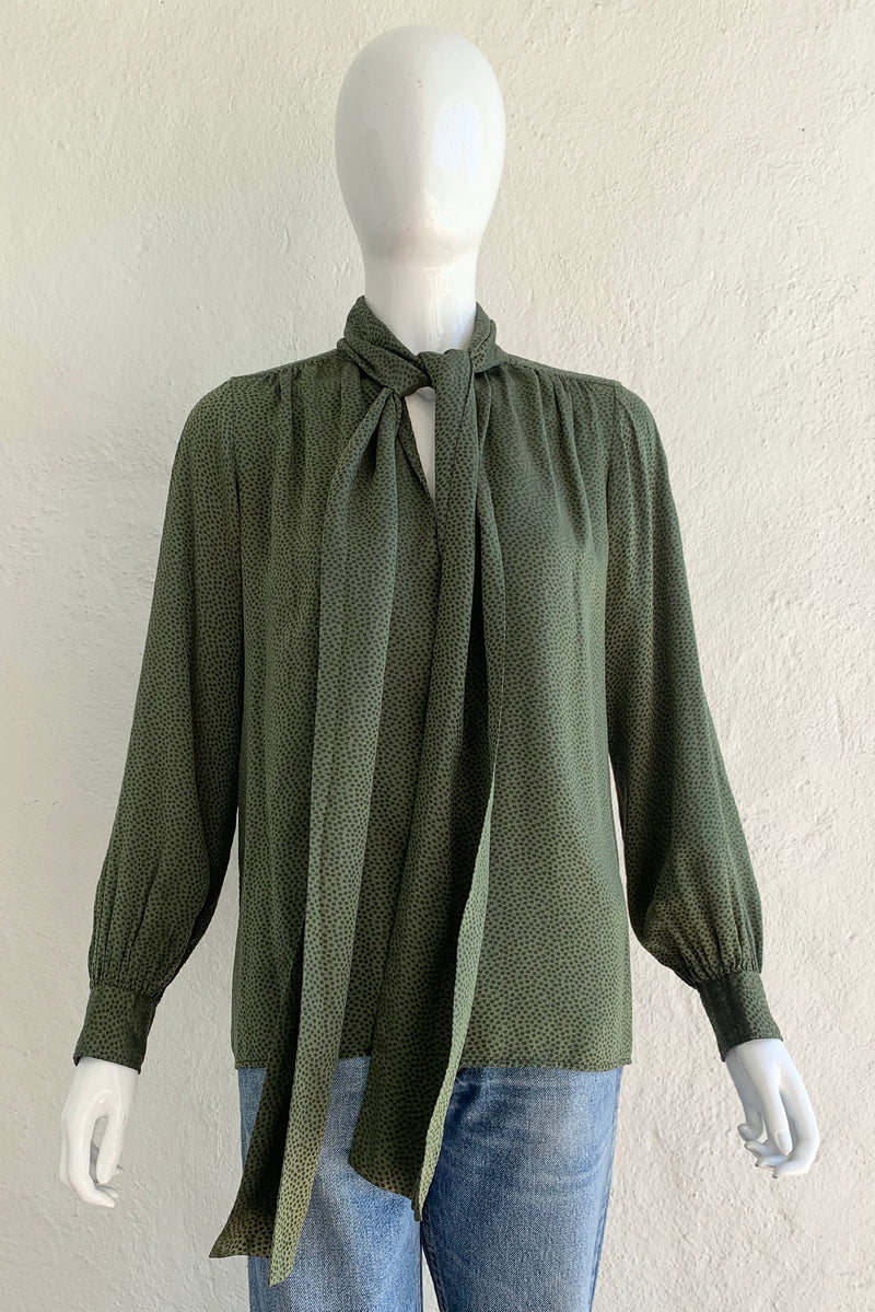 Vintage Yves Saint Laurent YSL Dotted Silk Bow Blouse on Mannequin untucked at Recess