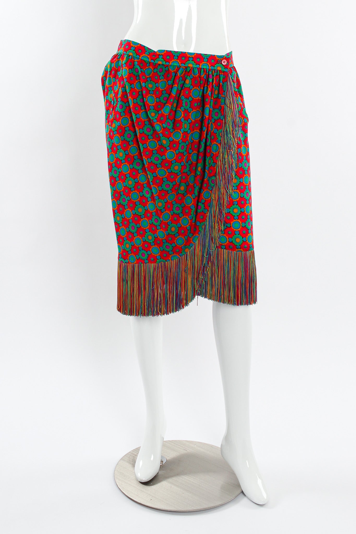 Vintage Yves Saint Laurent 1990 A/W Geo Rainbow Fringe Skirt mannequin front @ Recess LA