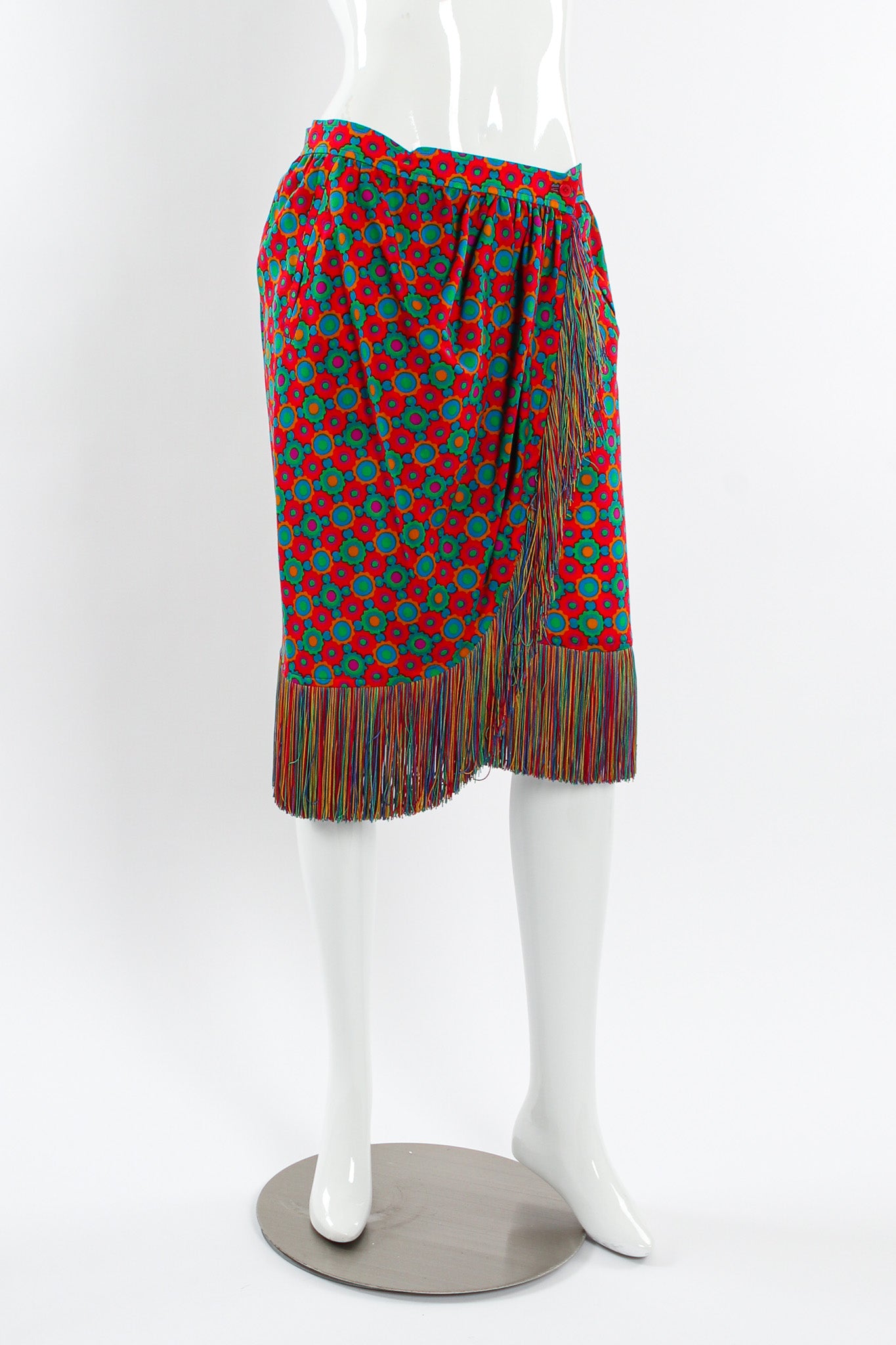Vintage Yves Saint Laurent 1990 A/W Geo Rainbow Fringe Skirt mannequin front angle @ Recess LA