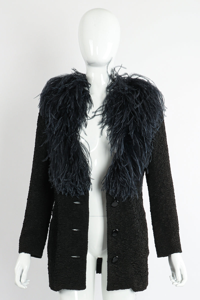 Vintage Yves Saint Laurent YSL Ostrich Feather Crinkle Coat on Mannequin front open at Recess LA