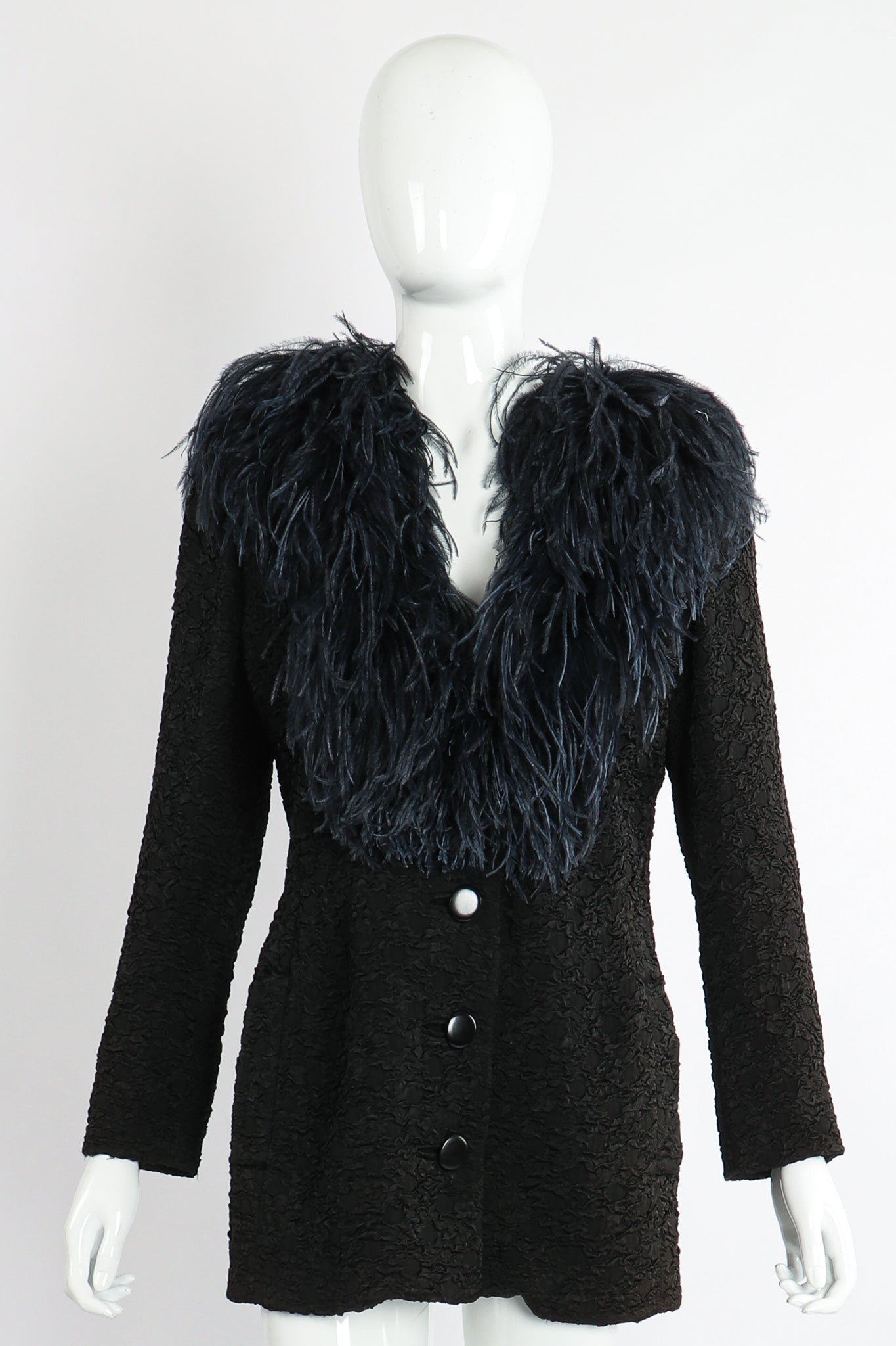 Vintage Yves Saint Laurent YSL Ostrich Feather Crinkle Coat on Mannequin front at Recess LA