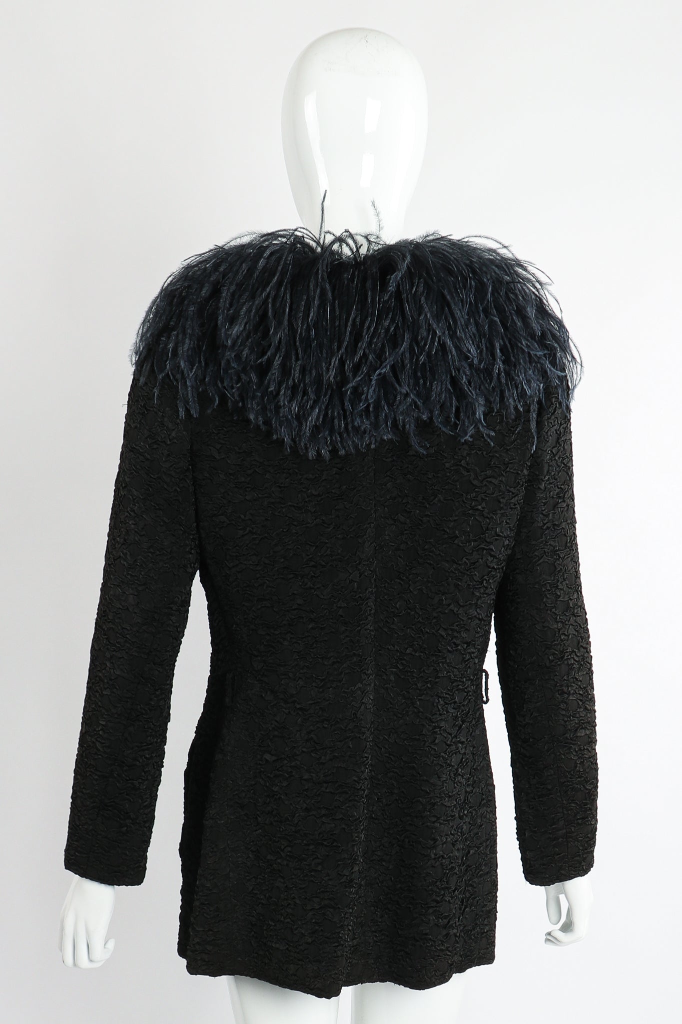 Vintage Yves Saint Laurent YSL Ostrich Feather Crinkle Coat on Mannequin back at Recess LA