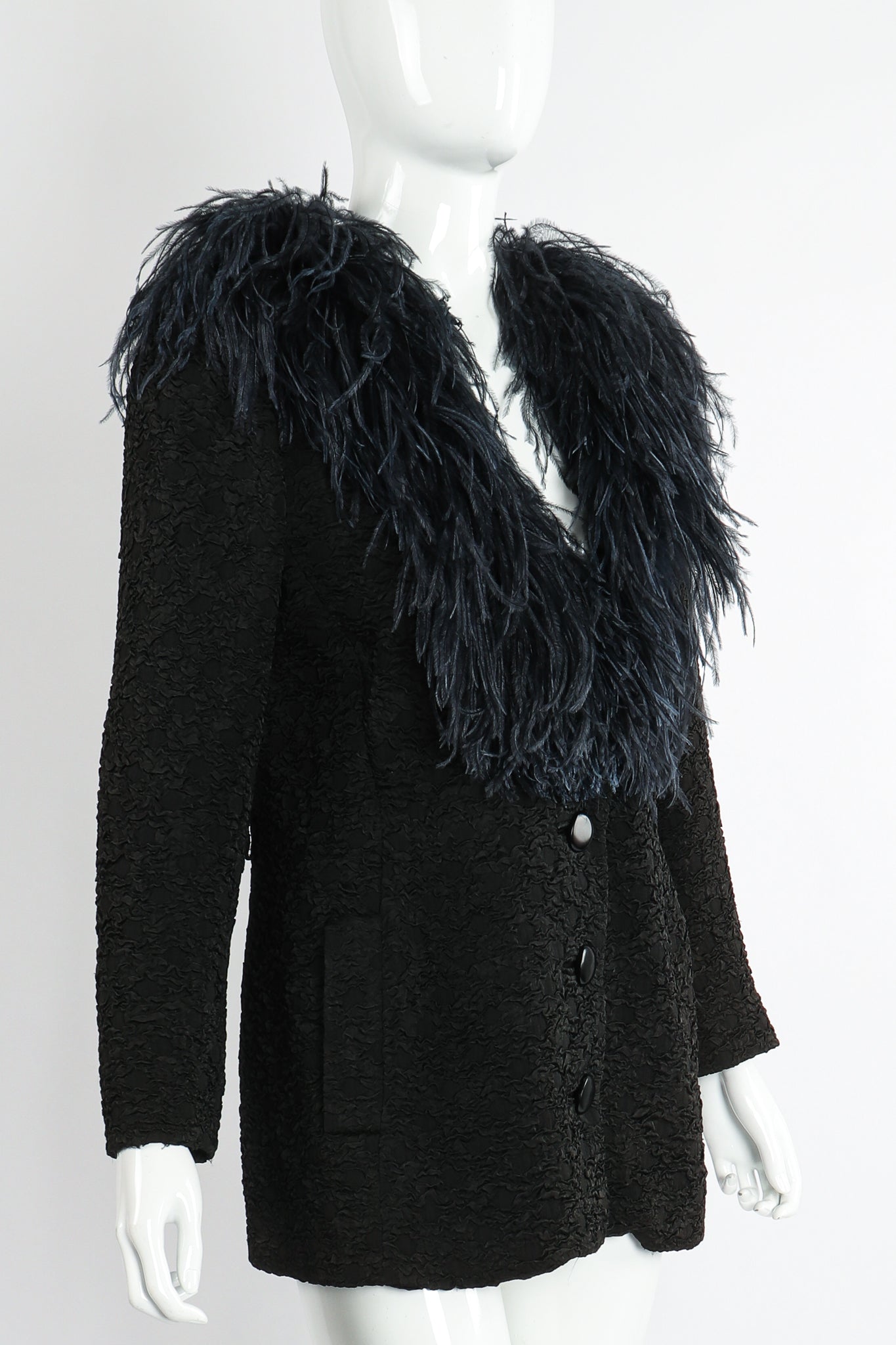 Vintage Yves Saint Laurent YSL Ostrich Feather Crinkle Coat on Mannequin angle at Recess LA