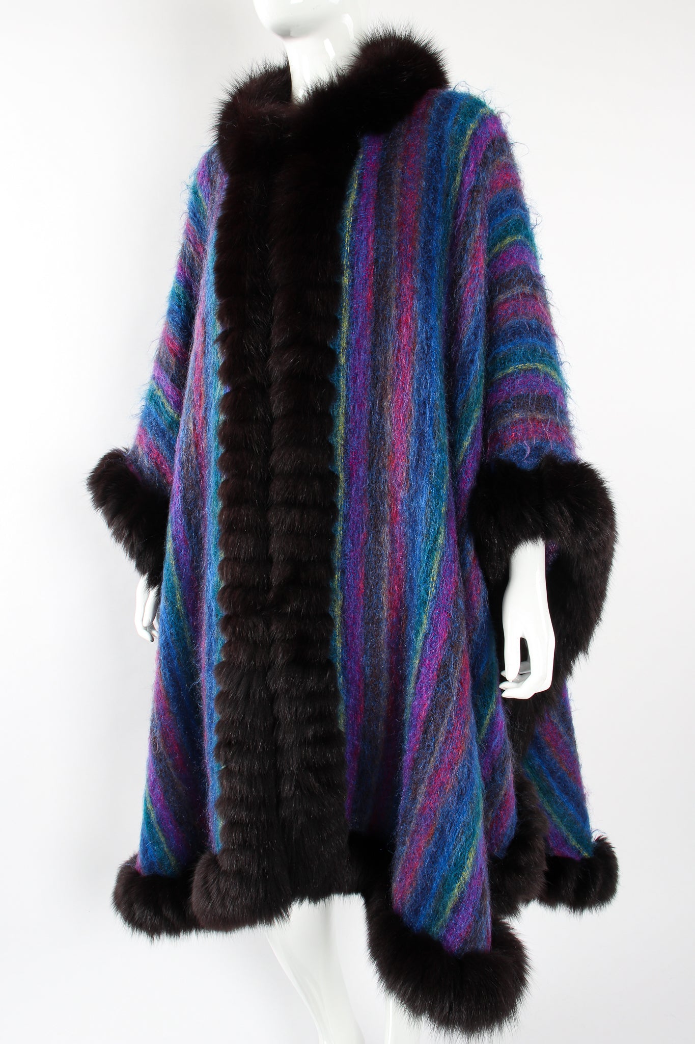 Vintage YSL Yves Saint Laurent Striped Fur Poncho Cape on Mannequin angle at Recess Los Angeles