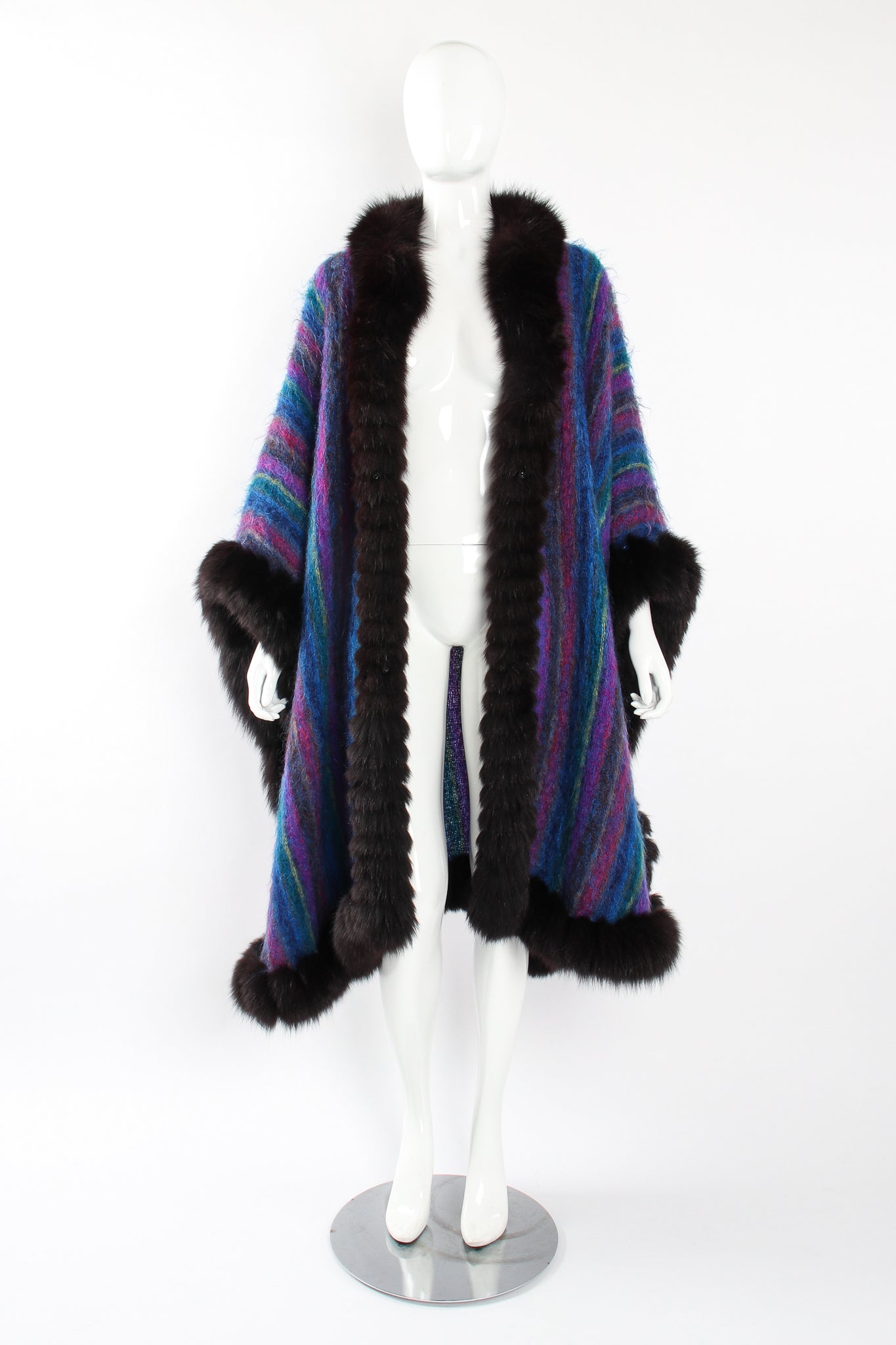 Vintage YSL Yves Saint Laurent Striped Fur Poncho Cape on Mannequin front open at Recess LA