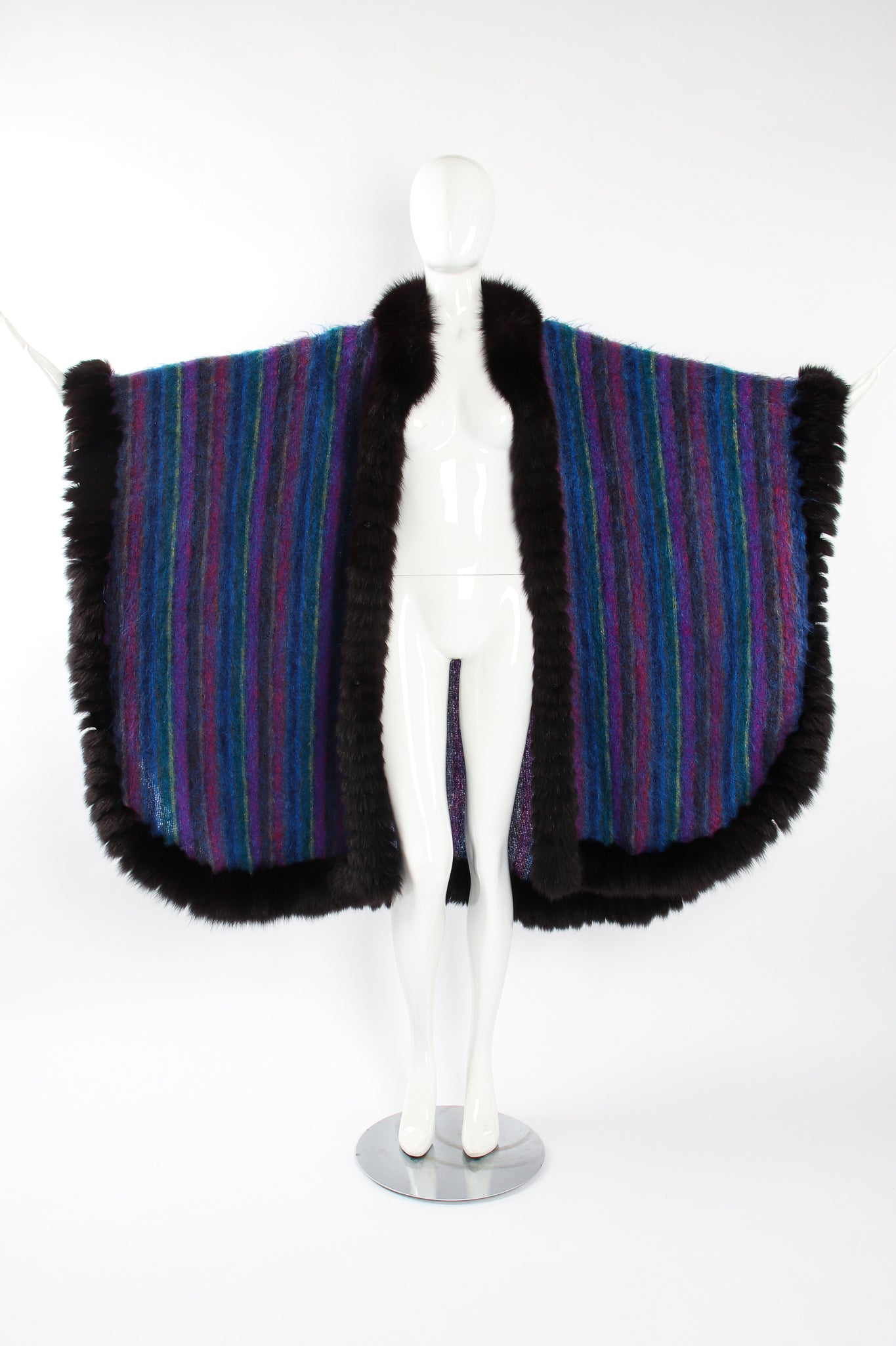 Vintage YSL Yves Saint Laurent Striped Fur Poncho Cape on Mannequin front open at Recess LA