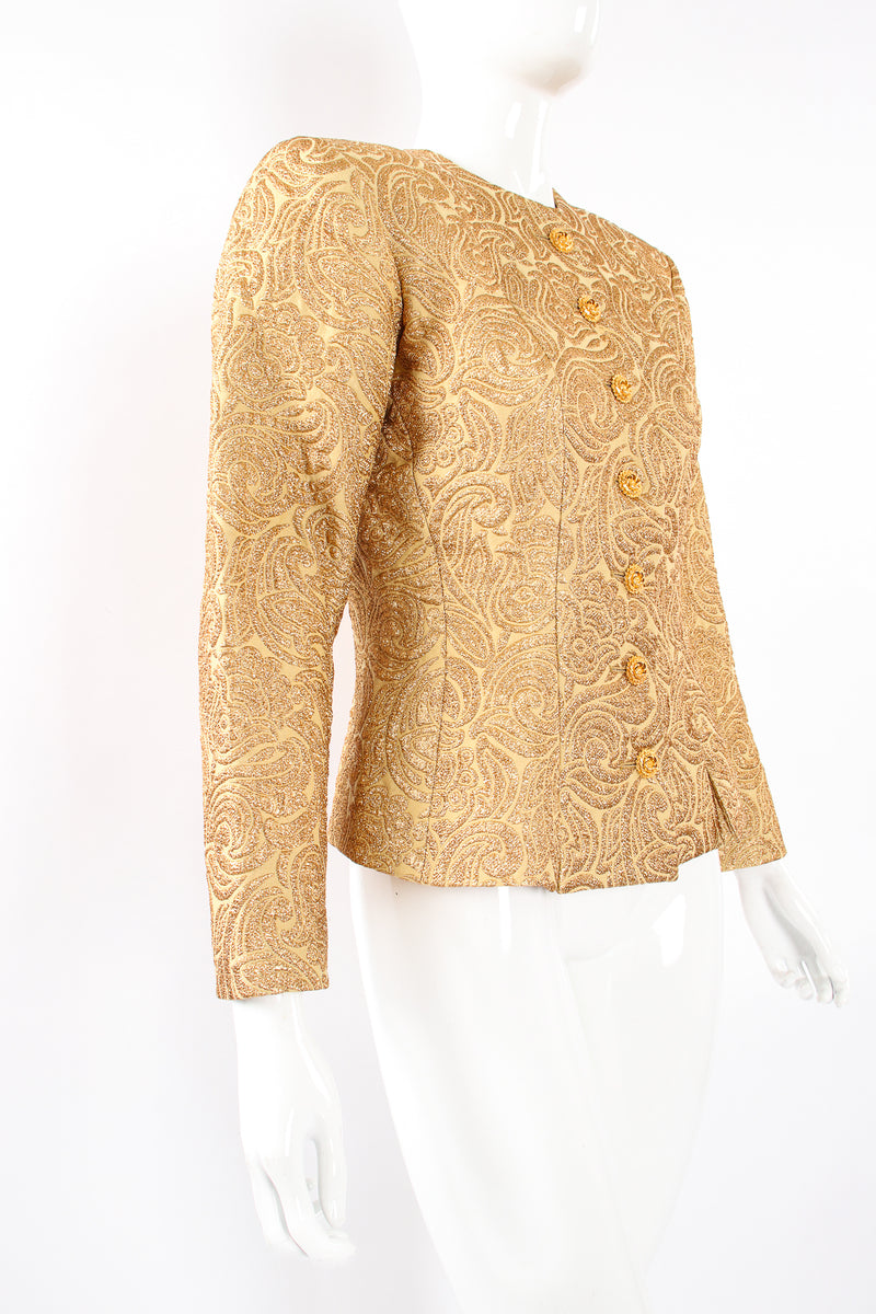 Vintage Yves Saint Laurent YSL Golden Brocade Jacket on Mannequin angle at Recess Los Angeles