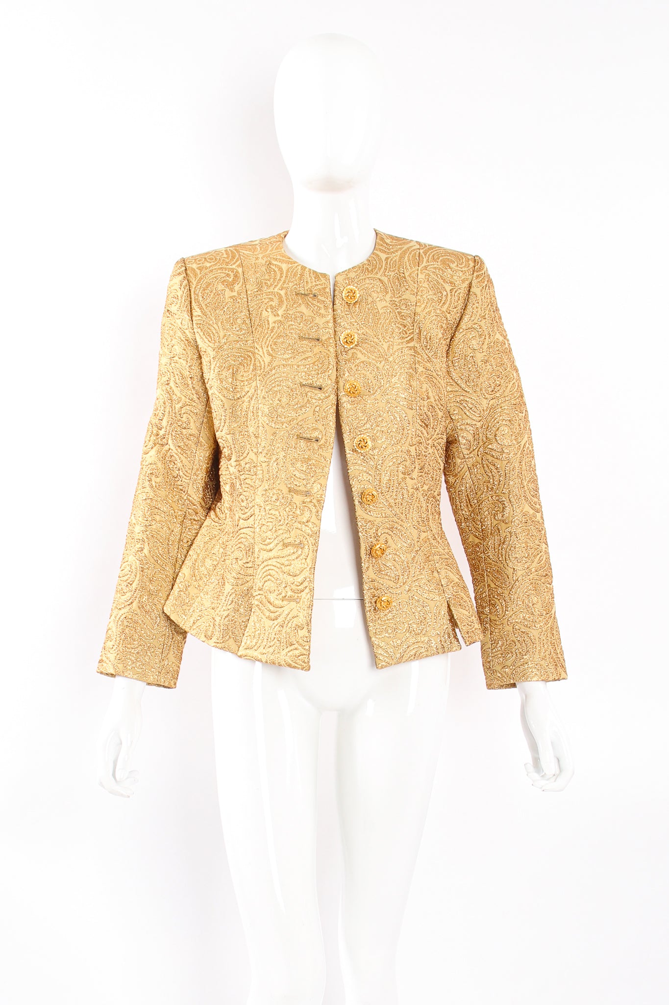 Vintage Yves Saint Laurent YSL Golden Brocade Jacket on Mannequin open at Recess Los Angeles