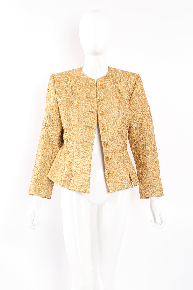 Vintage Yves Saint Laurent YSL Golden Brocade Jacket on Mannequin open at Recess Los Angeles
