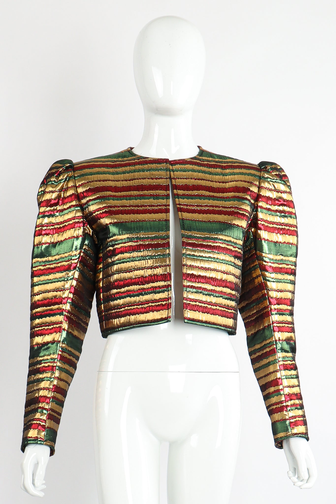 Vintage Yves Saint Laurent Silk Stripe Bolero Jacket on Mannequin Front at Recess Los Angeles