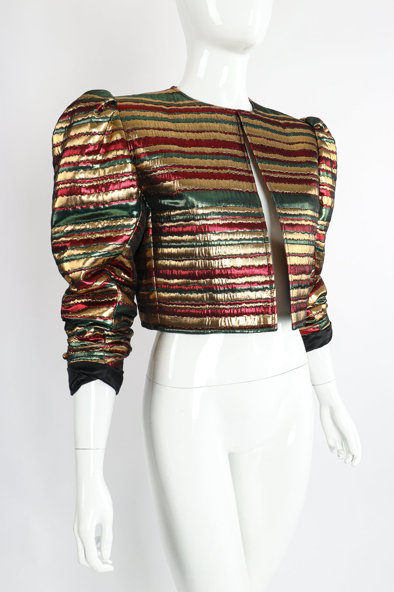 Vintage Yves Saint Laurent Silk Stripe Bolero Jacket on Mannequin Angle at Recess Los Angeles