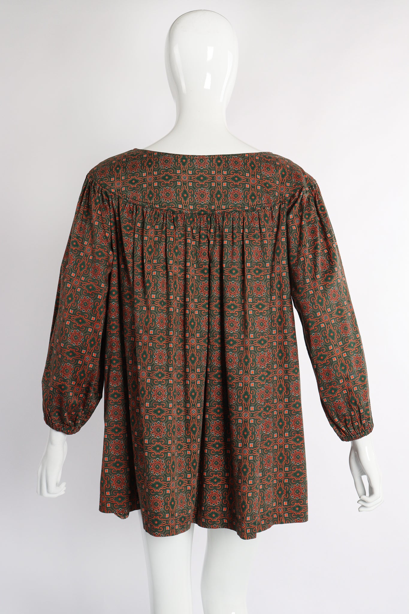 Vintage Yves Saint Laurent YSL Olive Moroccan Tile Print Tunic on Mannequin back at Recess LA