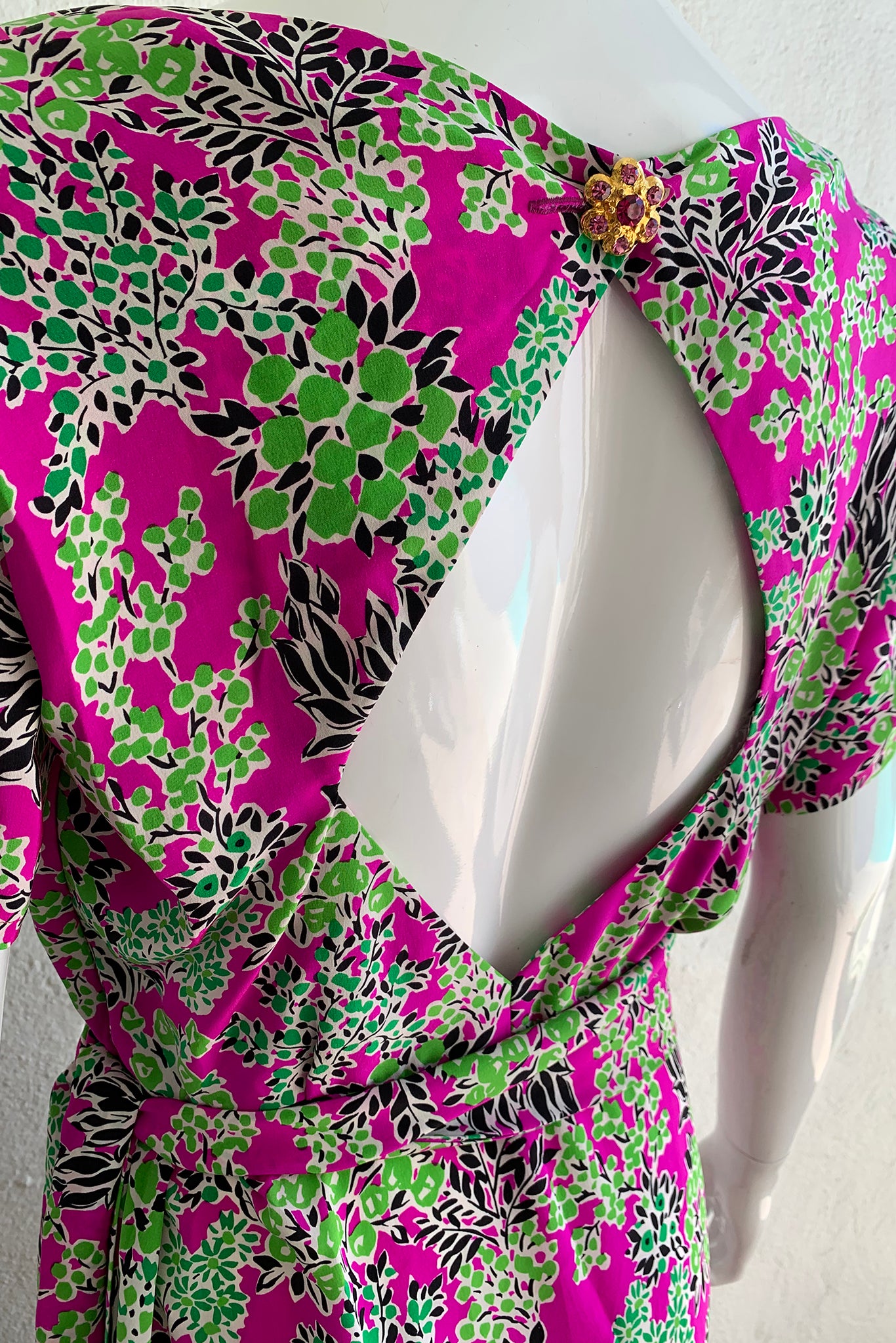 Vintage Yves Saint Laurent YSL Garden Greens Thigh Slit Dress on Mannequin back angle at Recess LA