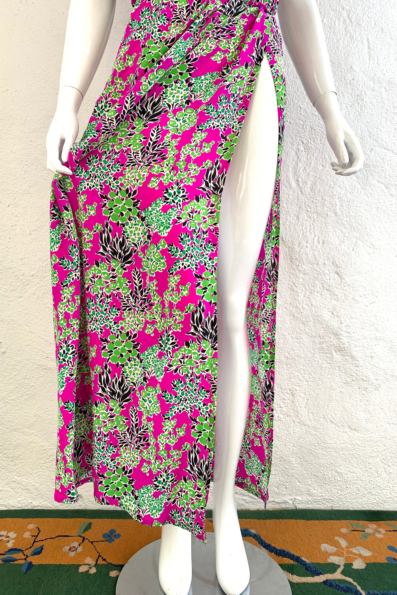 Vintage Yves Saint Laurent YSL Garden Greens Thigh Slit Dress on Mannequin Skirt slit at Recess LA