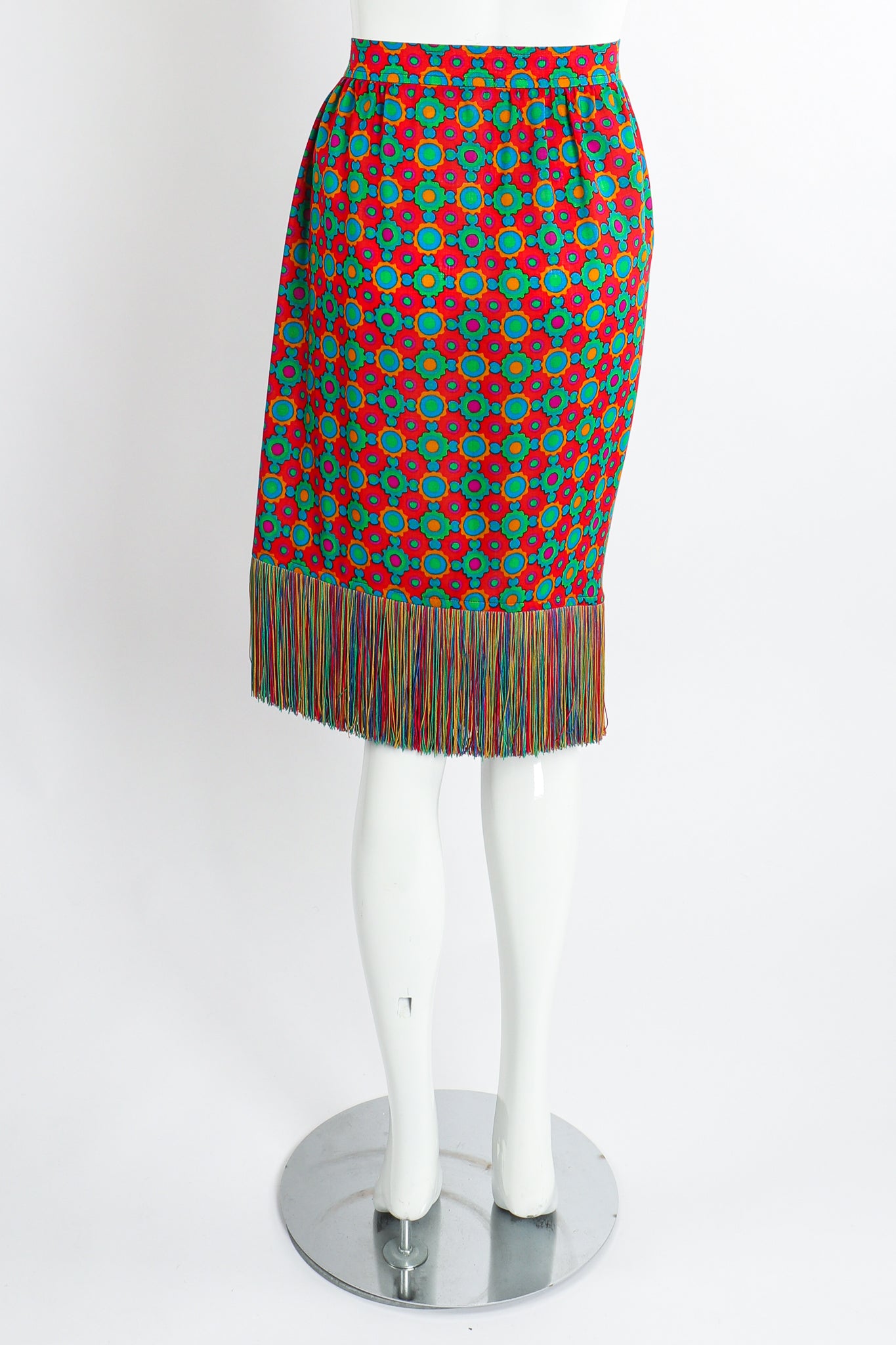 Vintage Yves Saint Laurent YSL 1990 91 Runway Floral Fringe Skirt Set on Mannequin Back at Recess