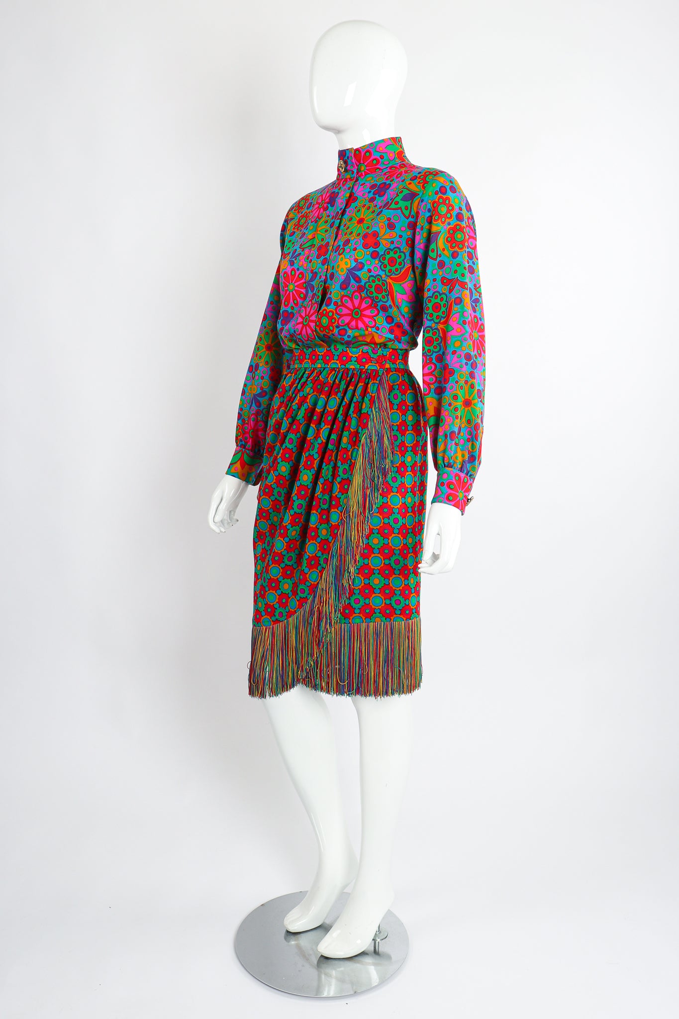 Vintage Yves Saint Laurent YSL 1990 91 Runway Floral Fringe Skirt Set on Mannequin side at Recess