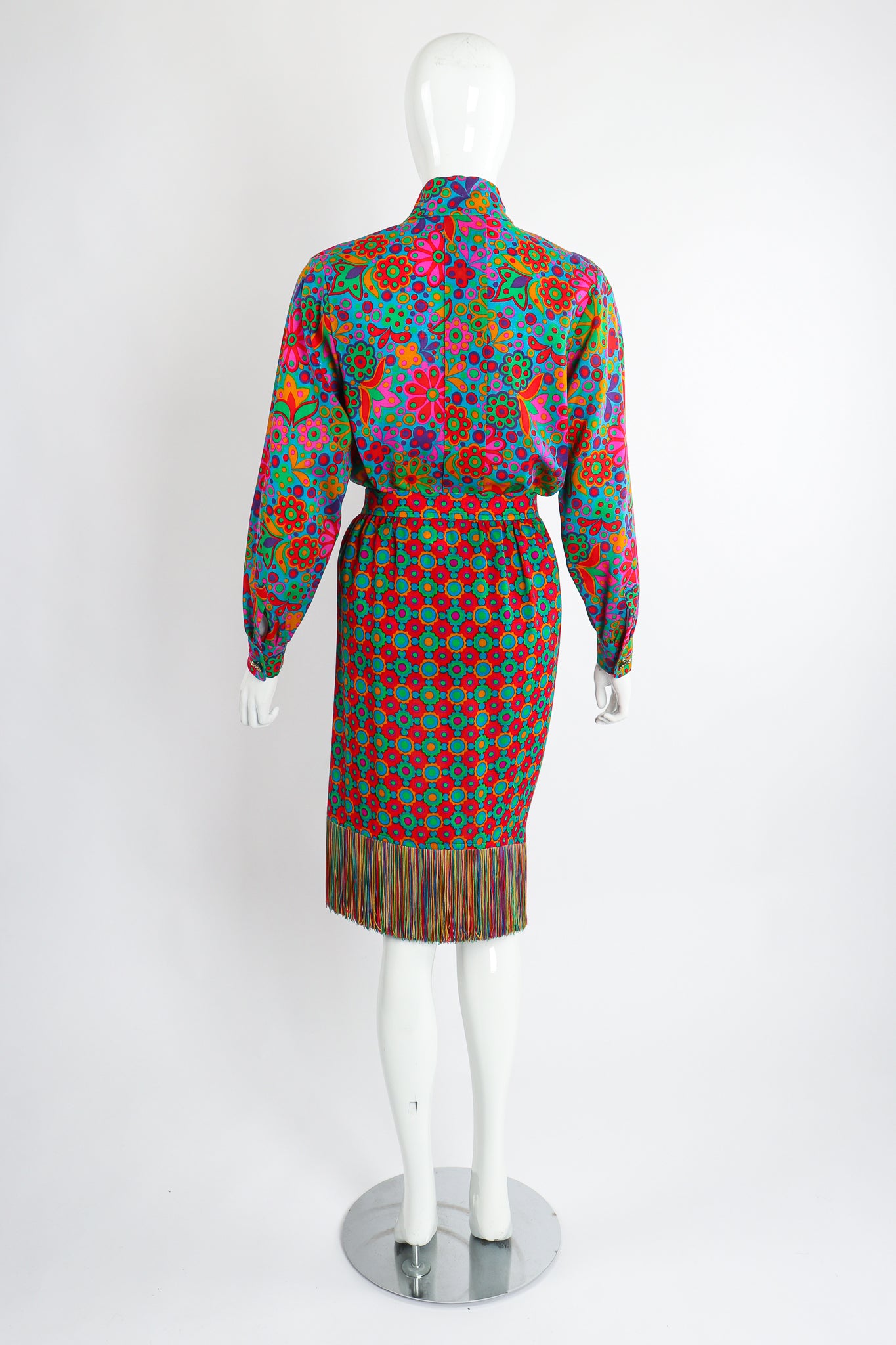 Vintage Yves Saint Laurent YSL 1990 91 Runway Floral Fringe Skirt Set on Mannequin back at Recess