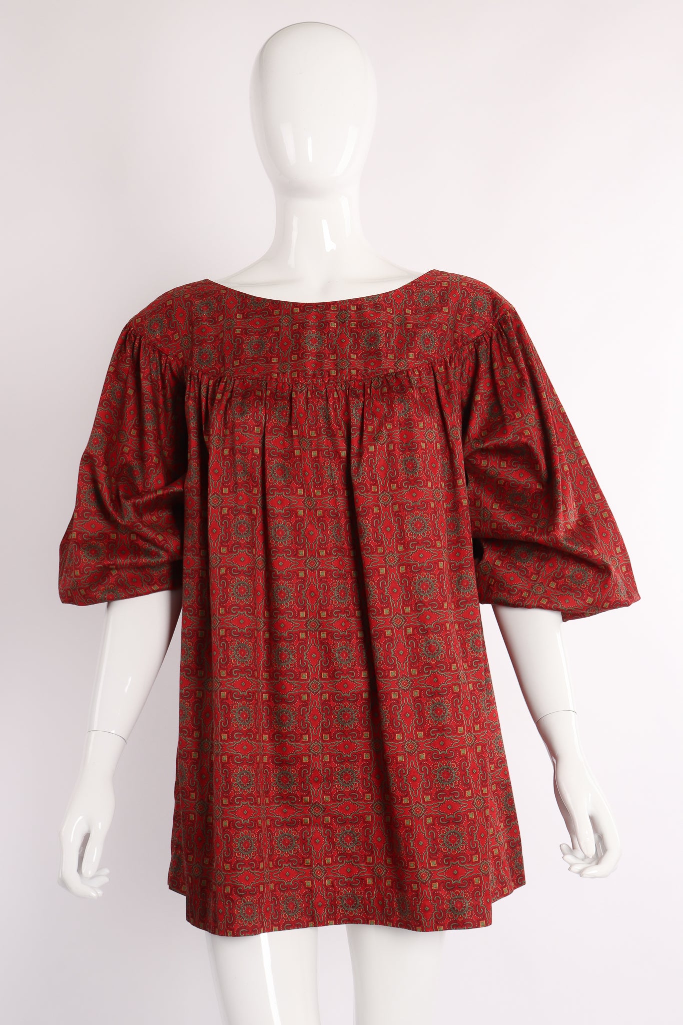 Vintage Yves Saint Laurent YSL Crimson Cotton Tile Print Tunic on Mannequin front at Recess LA