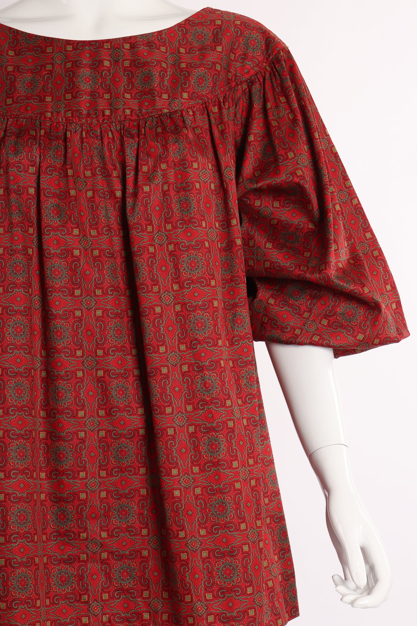 Vintage Yves Saint Laurent YSL Crimson Cotton Tile Print Tunic on Mannequin sleeve at Recess LA